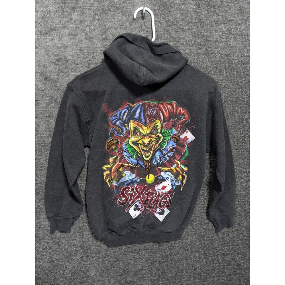 Six Flags Evil Jester Graphic Hoodie Black Kids Medium Theme Park Sweatshirt